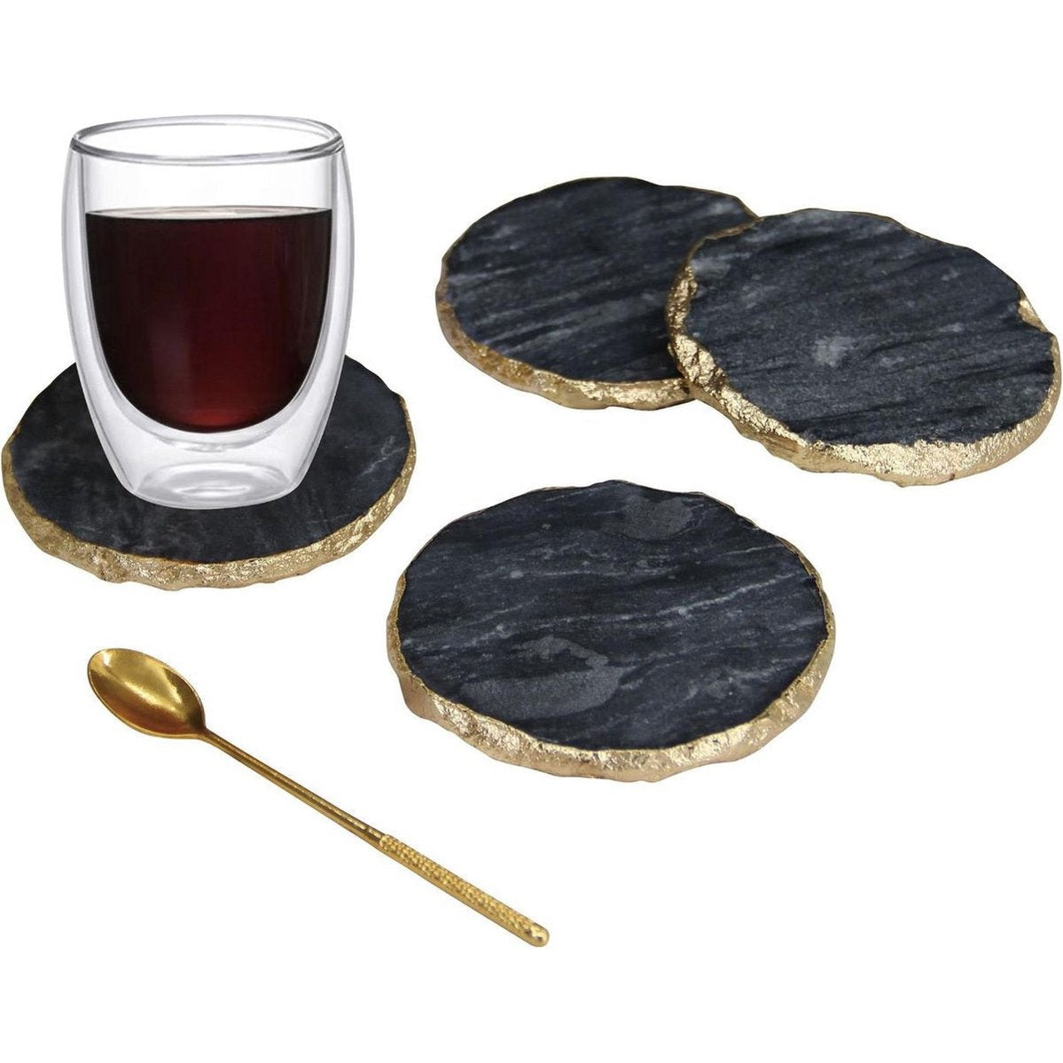 Marmer Onderzetters 4-delig - onderzetters voor glazen - marmer onderlegger - luxe onderzetter(set) zwart/goud