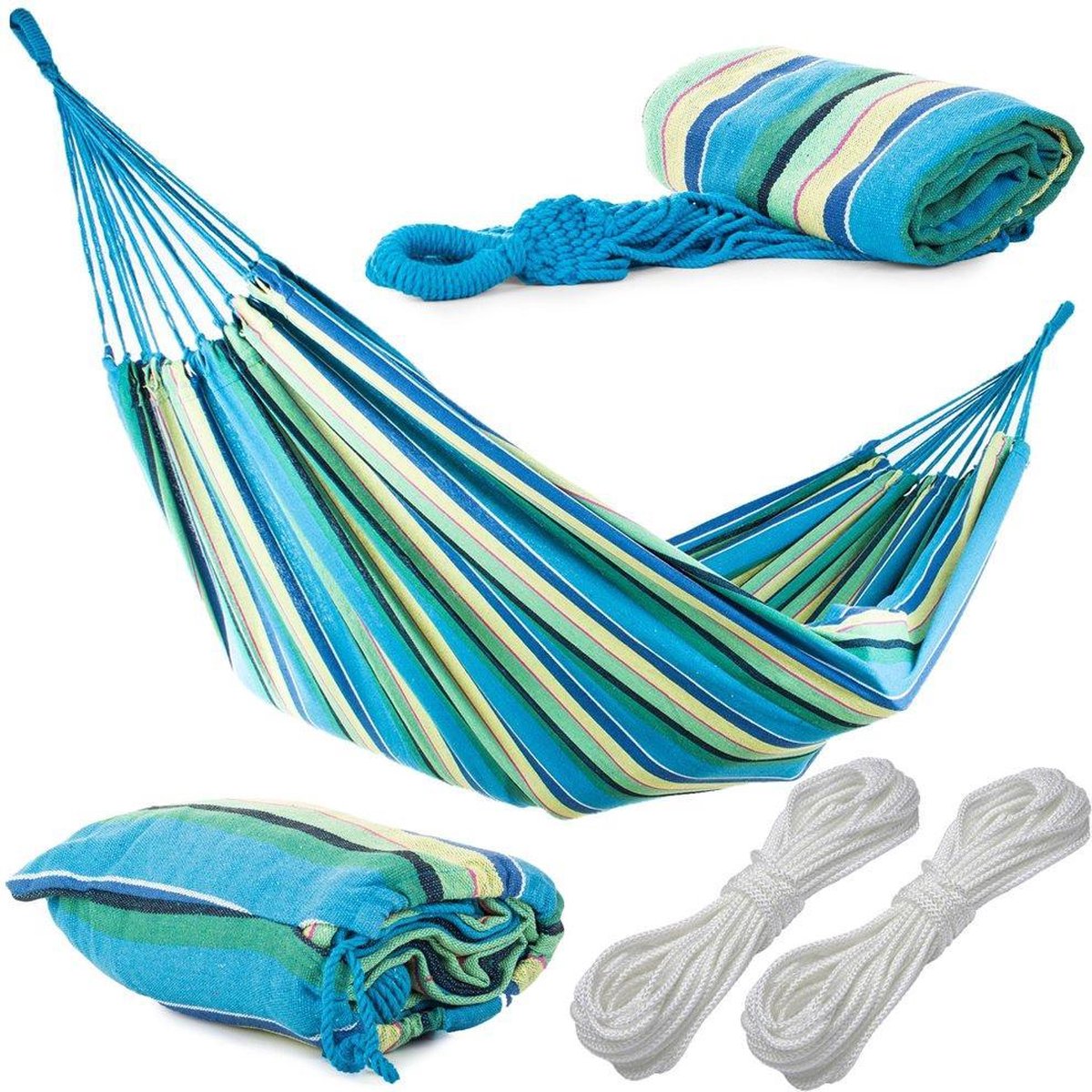 2 personen Hangmat XL - Katoen / In Opbergtas + bevestigingstouwen / 200 x 150cm / max tot 200kg