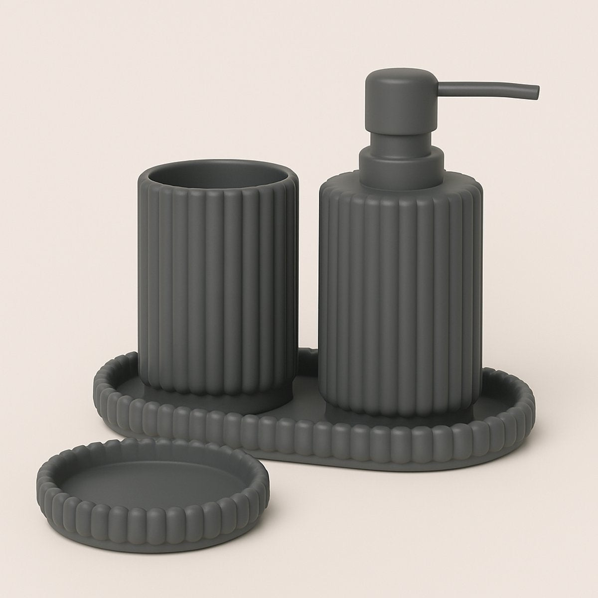 4-delige Grijze Badkamer &amp; Keukenset - Zeepdispenser, Zeepbakje, Tandenborstelhouder en Plateau - Modern Design van Hars - Zeeppomp - Zeepset