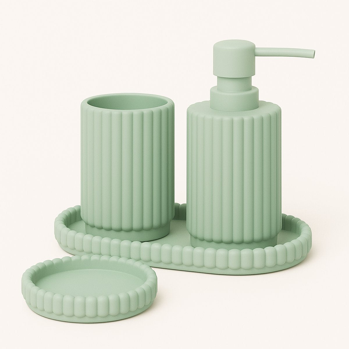 4-delige Lichtgroene Badkamer &amp; Keukenset - Zeepdispenser, Zeepbakje, Tandenborstelhouder en Plateau - Modern Design van Hars - Zeeppomp - Zeepset