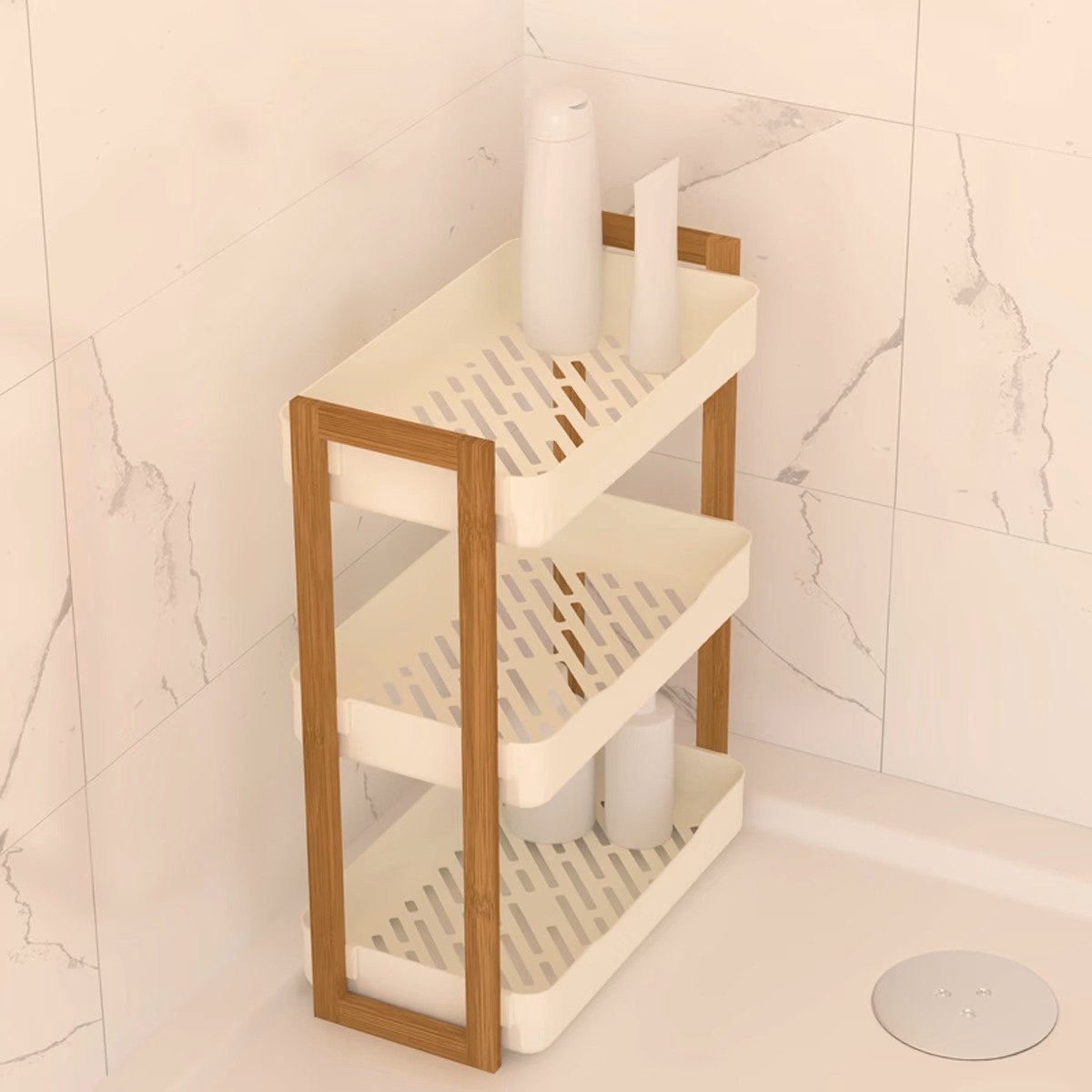 5Five Badkamer douche rekje - 3 laags - recht model - wit - kunststof/bamboe - 35 x 20 x 45 cm