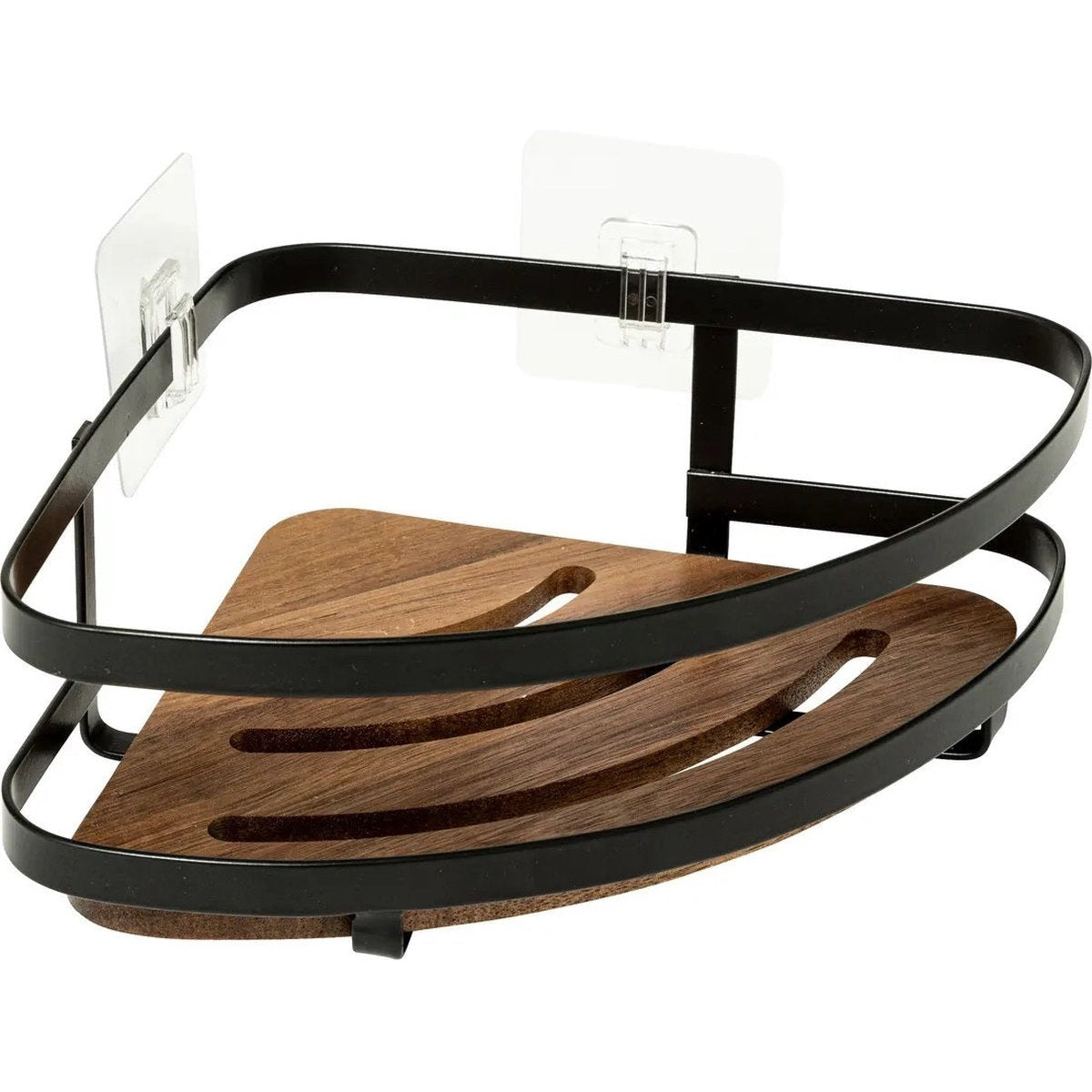 5Five Badkamer douche rekje organizer - zwart metaal/acacia hout - zuignappen - 20 x 20 x 7 cm - hoekplaatsing