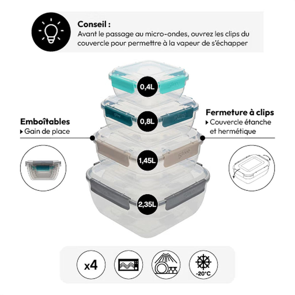 5Five vierkante vershouddozen, set van 4, 0,4 tot 2,35 L (2)