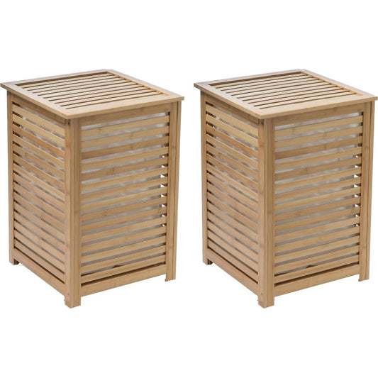 5Five Wasmand Bamboe - 2x - Met waszak - 50 liter - 40 x 38 x 58 cm - met deksel
