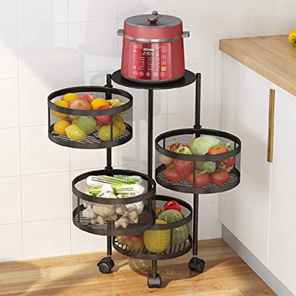 5Five zwarte trolley met 4 draaibare manden (7)