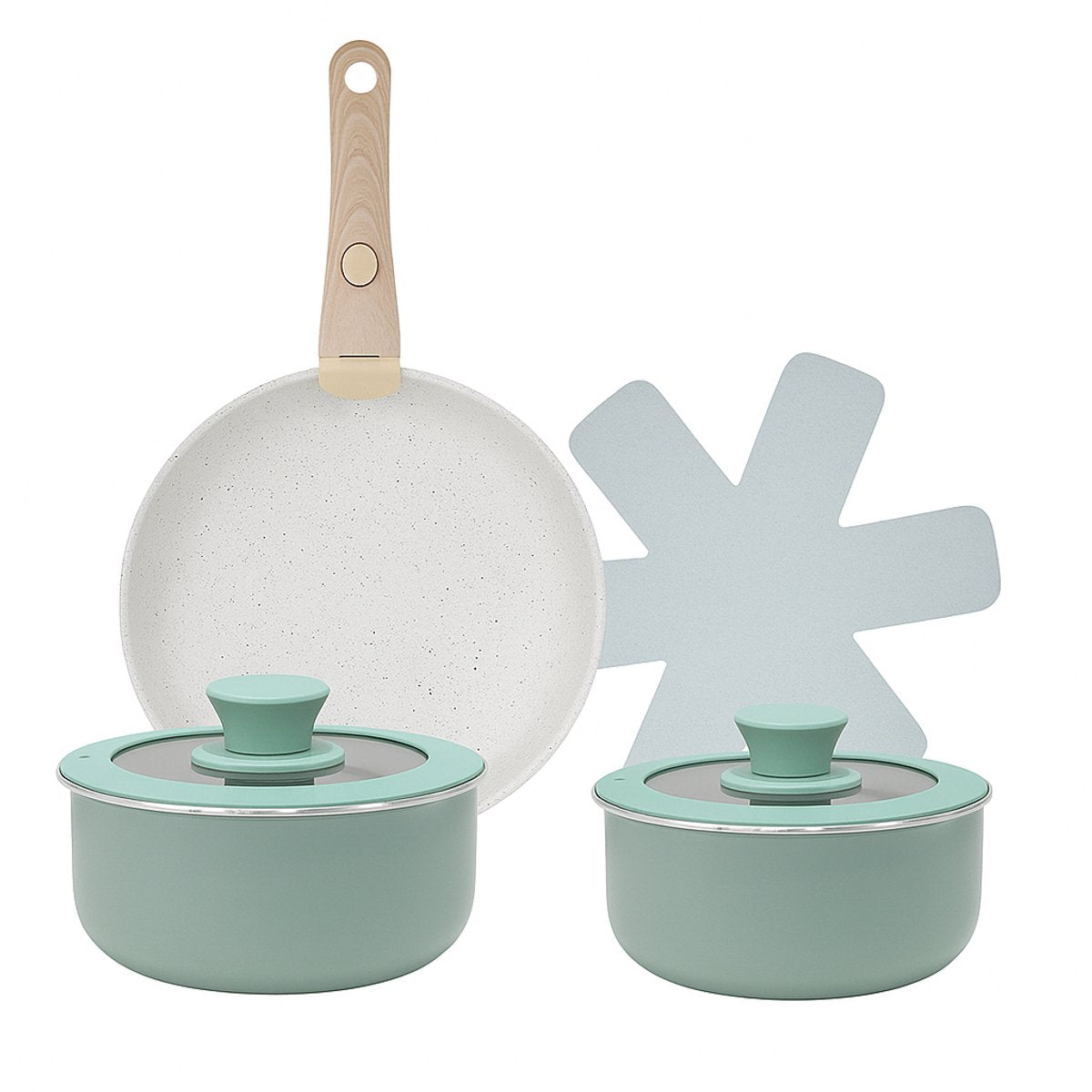 Pannenset 8-delig, mintgroen, antiaanbak, houten handgreep