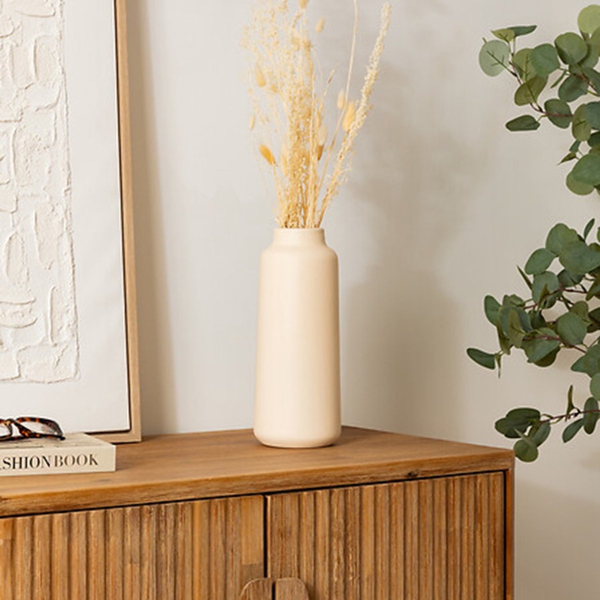 Atmosphera Bloemenvaas Emporor - mat beige - keramiek - D12 x H30 cm - stelen en boeketten