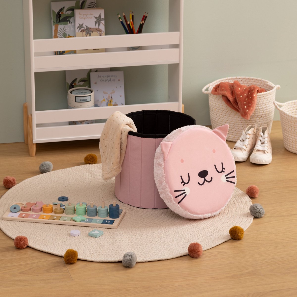 Atmosphera Kat opvouwbare poef met opberger, 30 x 38 cm, roze (7)