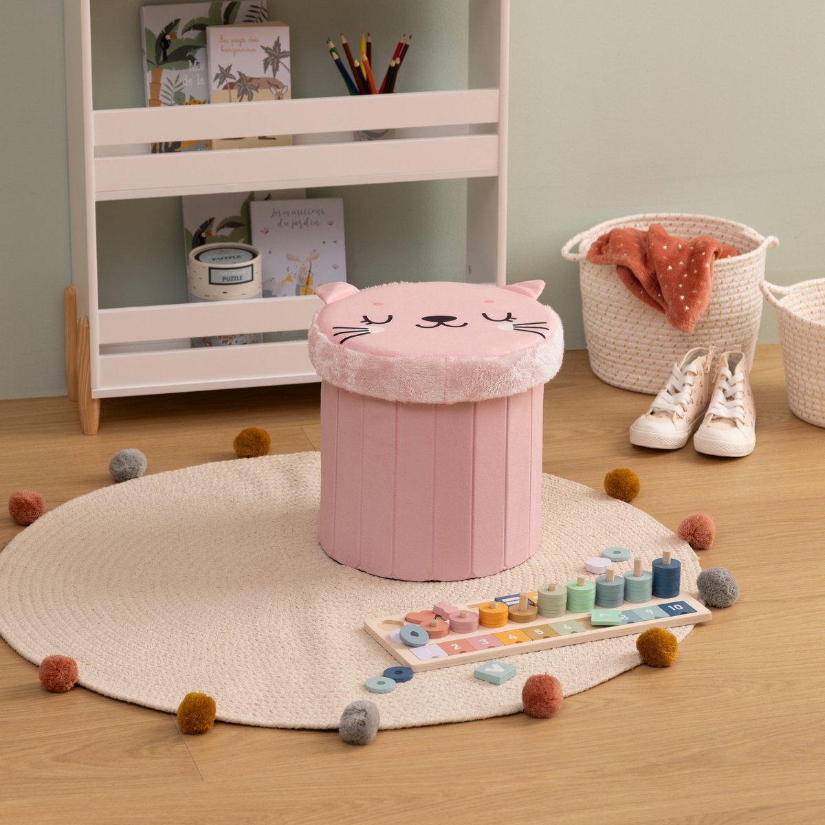 Atmosphera Kat opvouwbare poef met opberger, 30 x 38 cm, roze (5)