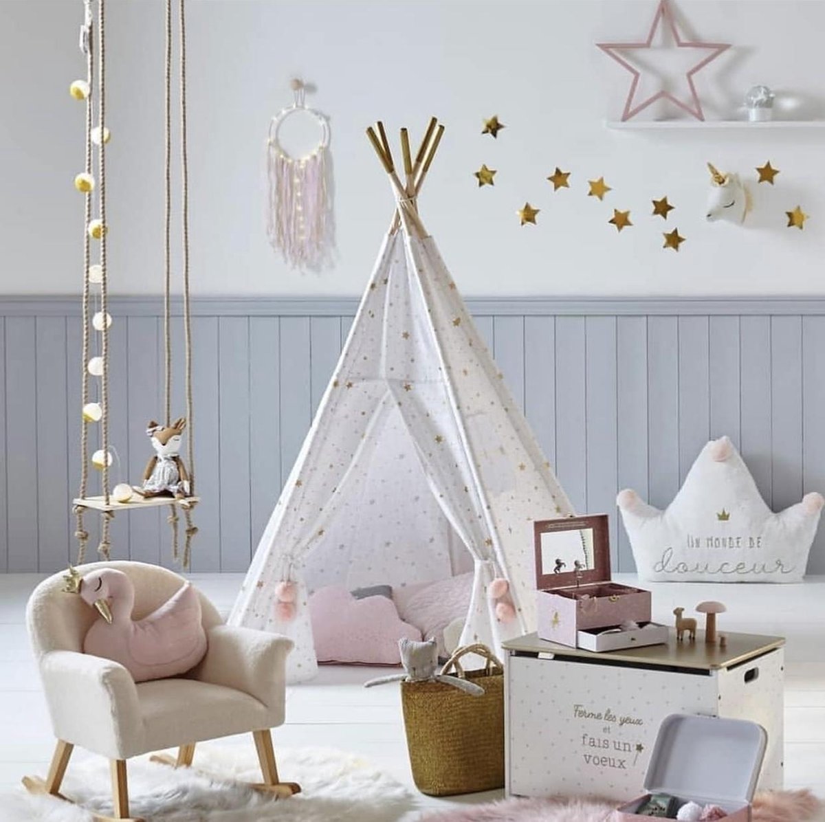 Atmosphera Kids tipitent, wit met gouden en roze sterren, 160 cm (2)
