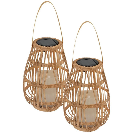 Atmosphera Solar tuin lantaarn - 2x - naturel - rotan kunststof - 16 x 23 cm - buiten - Led kaars licht - MODESTNOVA
