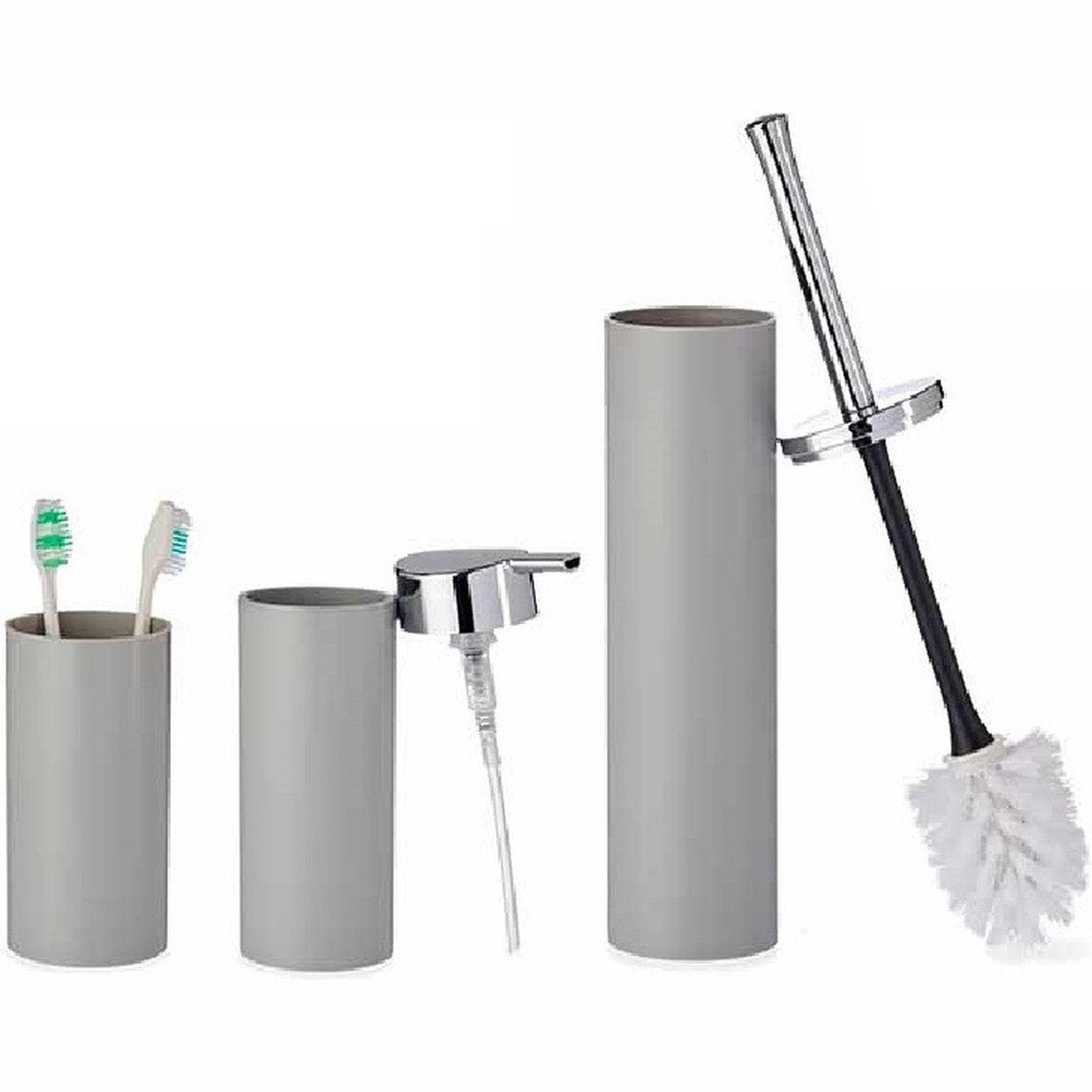 Badkamerset toiletborstel, zeeppompje en beker, grijs kunststof