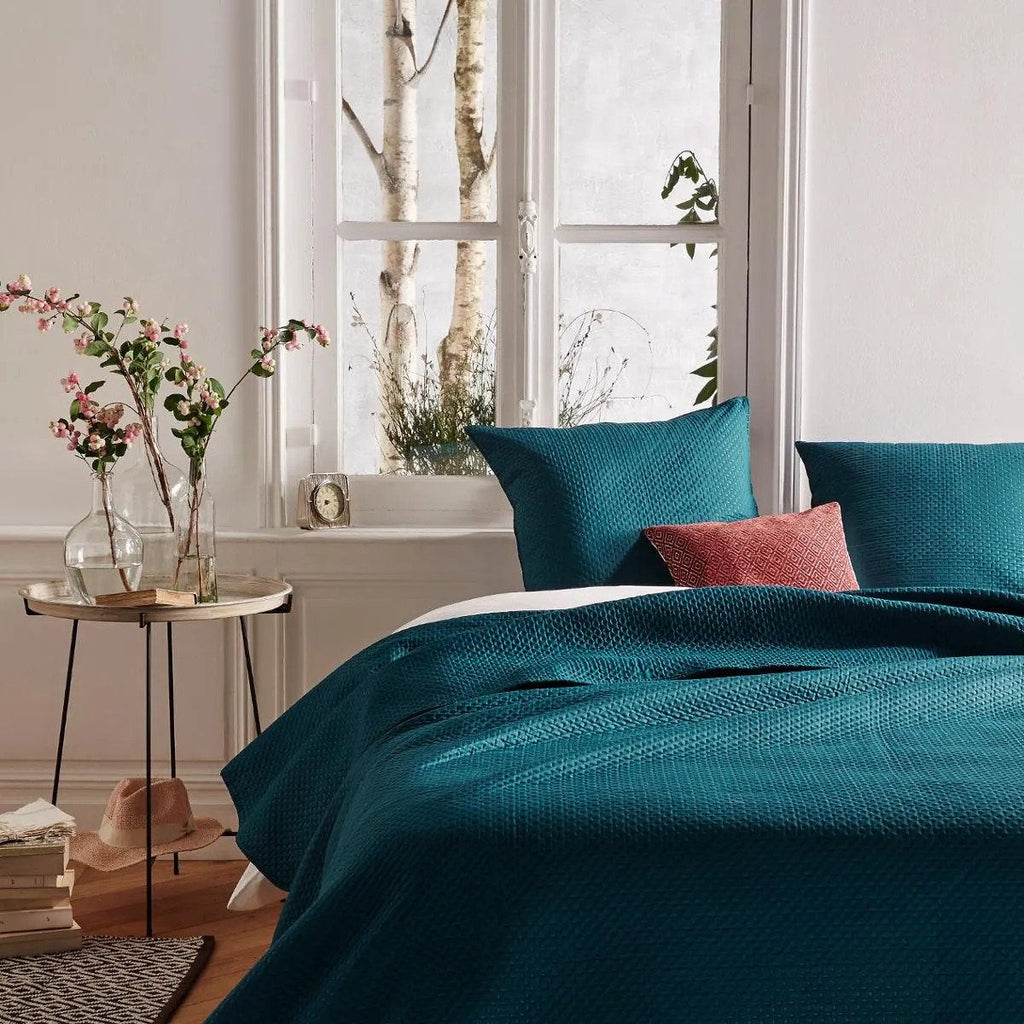 Bedsprei 260 x 240 cm met 2 kussenslopen, blauw en groen (2)