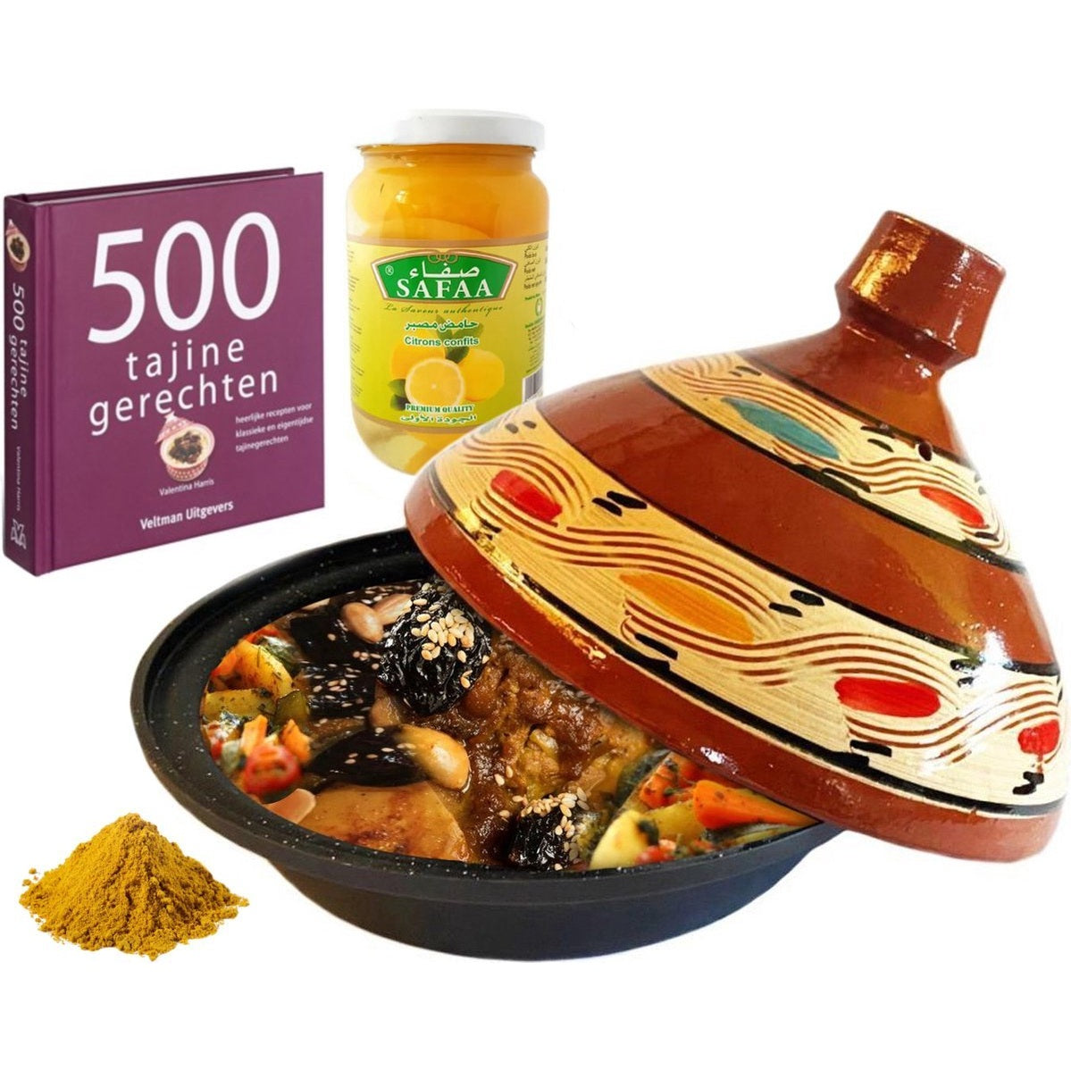 Tajine cadeaupakket met kookboek, kruiden en ingelegde citroenen