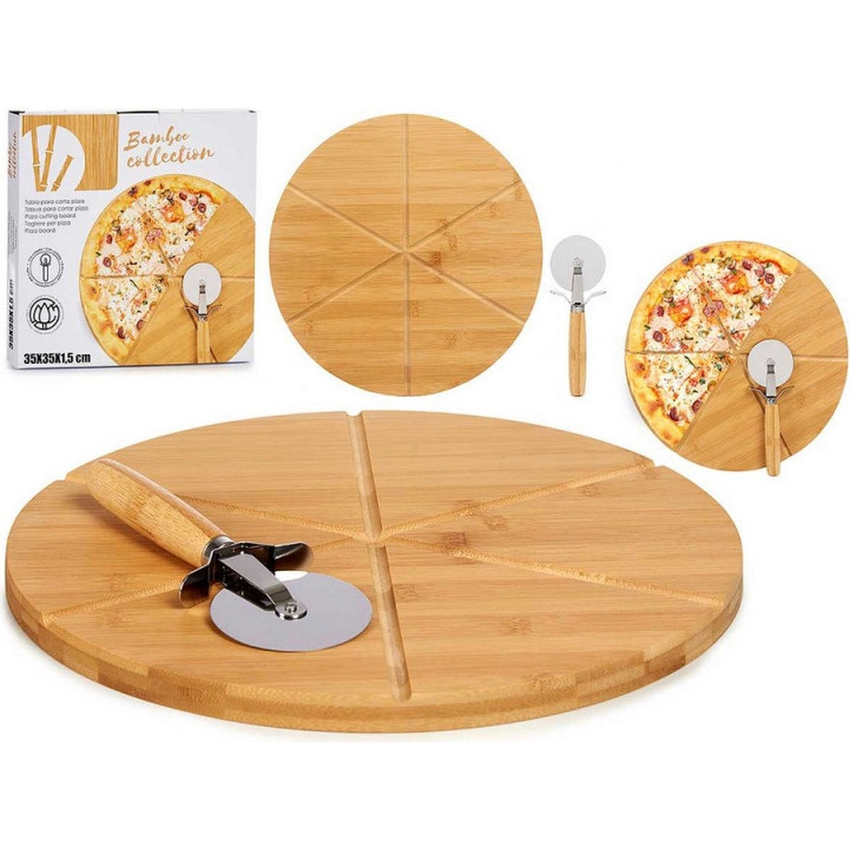 Pizzasnijplank van bamboe, Ø 35 cm, bruin