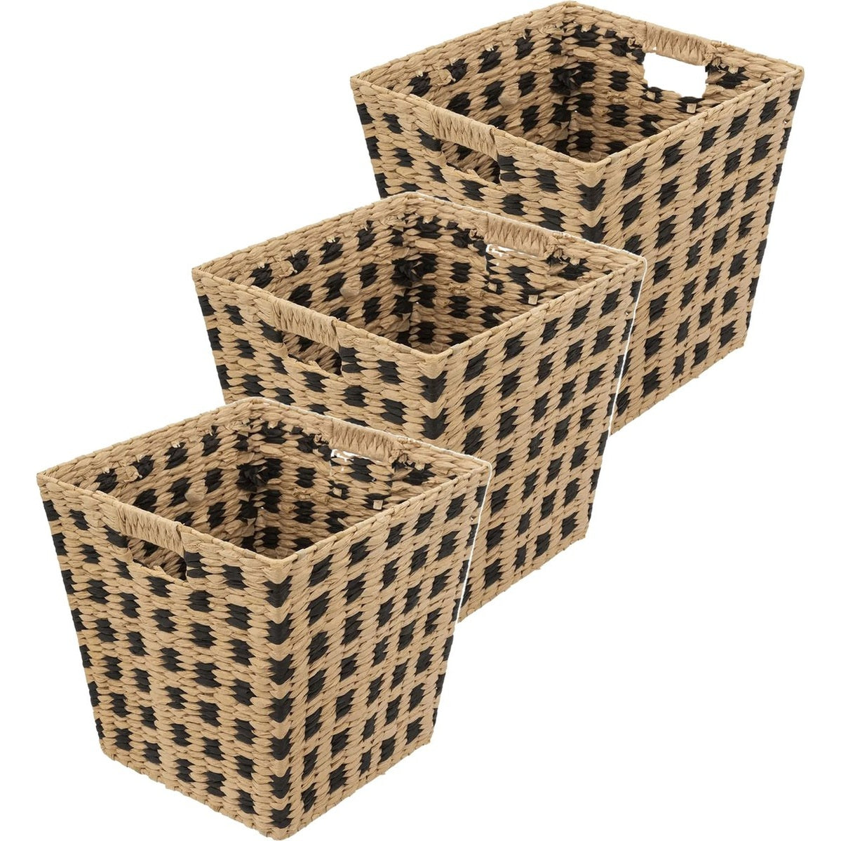 Rieten opbergmanden vierkant, set van 3, beige en zwart, 31 cm