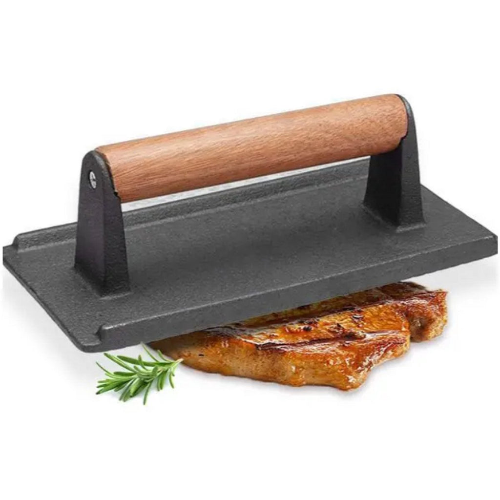 Gietijzeren hamburgerpress XL met houten handvat, rechthoekig