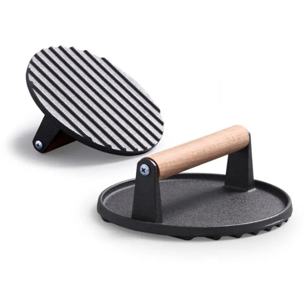 Gietijzeren hamburgerpress XL met houten handvat, rond, 17,5 cm