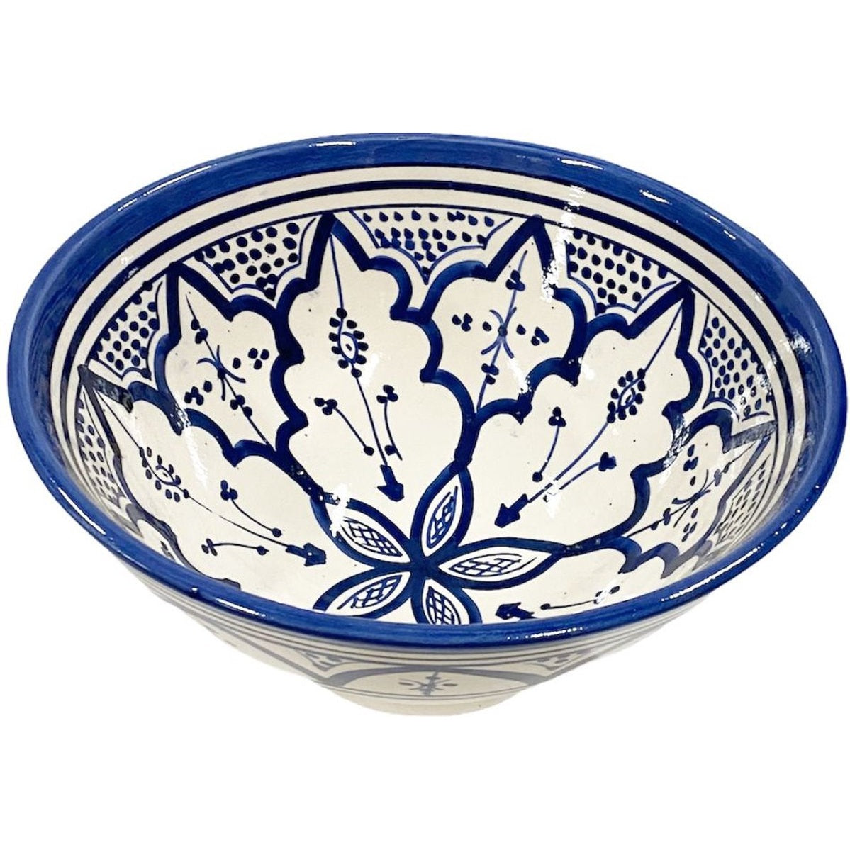Marokkaanse aardewerken kom, handbeschilderd blauw, 25 cm
