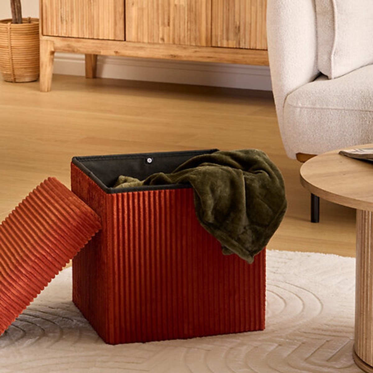 Hocker / Poef Essestial Ribcord - opvouwbaar - donkerrood - MDF/polyester - 38 x 38 cm - met opbergruimte - extra zitplaatsen - MODESTNOVA