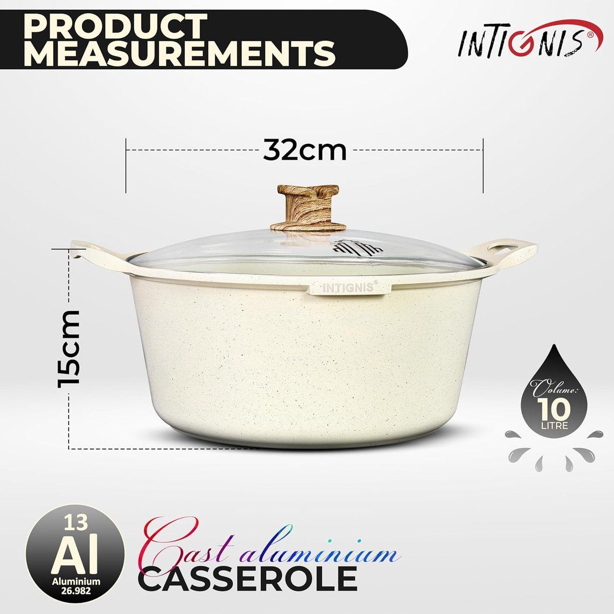INTIGNIS® Braadpan met Deksel – 32 cm (10 liter) – GREBLON Keramische Antiaanbaklaag – Geschikt voor Inductie, Gas &amp; Elektrisch – Inclusief Glasdeksel - Wit