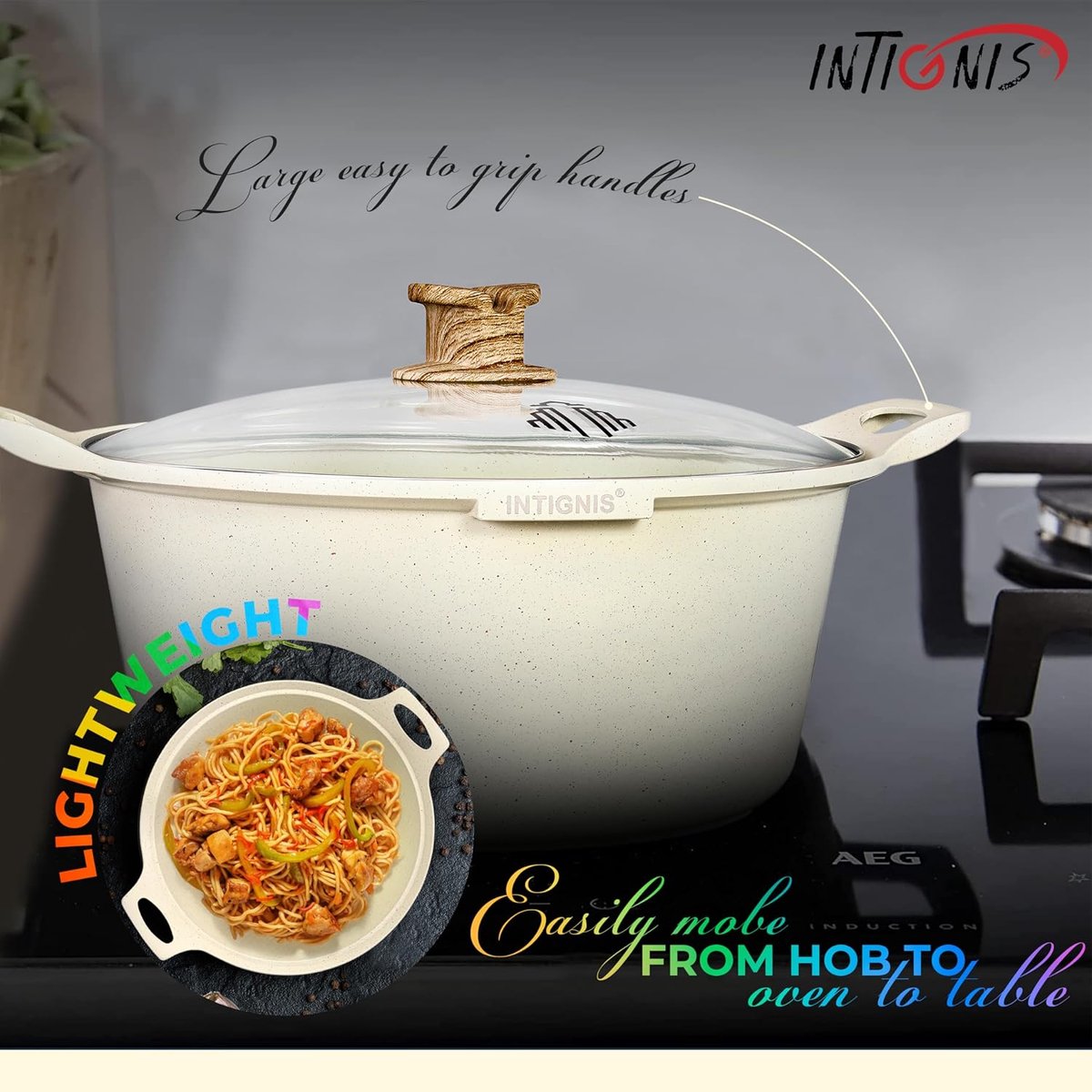 INTIGNIS® Braadpan met Deksel – 32 cm (10 liter) – GREBLON Keramische Antiaanbaklaag – Geschikt voor Inductie, Gas &amp; Elektrisch – Inclusief Glasdeksel - Wit