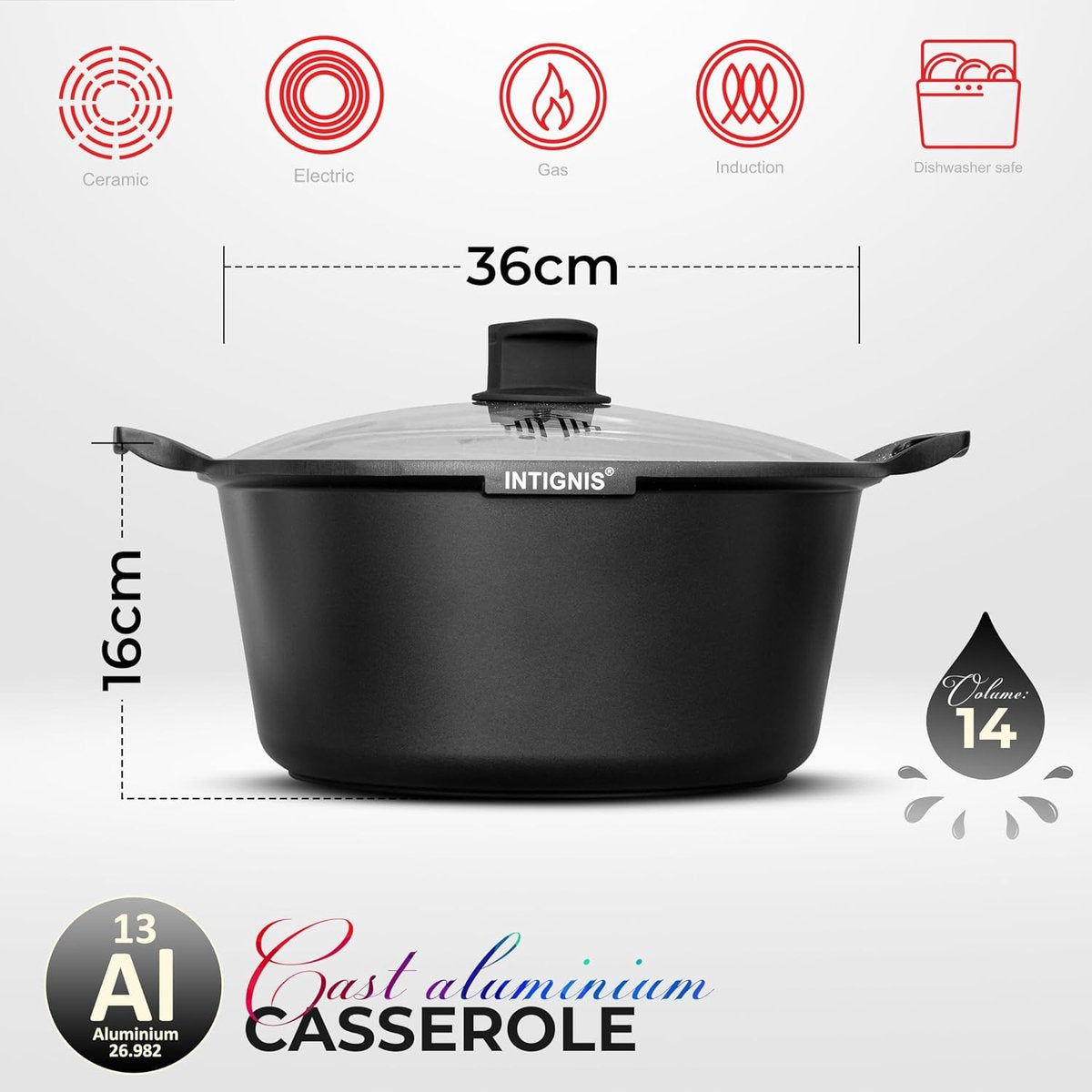 INTIGNIS® Braadpan met Deksel – 36 cm (14 liter) – GREBLON Keramische Antiaanbaklaag – Geschikt voor Inductie, Gas &amp; Elektrisch – Inclusief Glasdeksel
