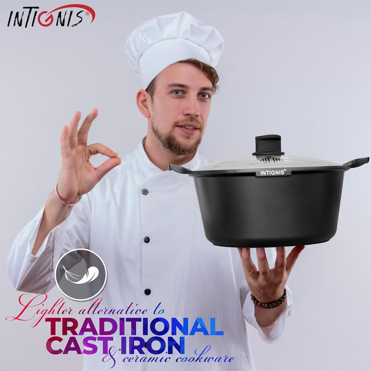 INTIGNIS® Braadpan met Deksel – 36 cm (14 liter) – GREBLON Keramische Antiaanbaklaag – Geschikt voor Inductie, Gas &amp; Elektrisch – Inclusief Glasdeksel