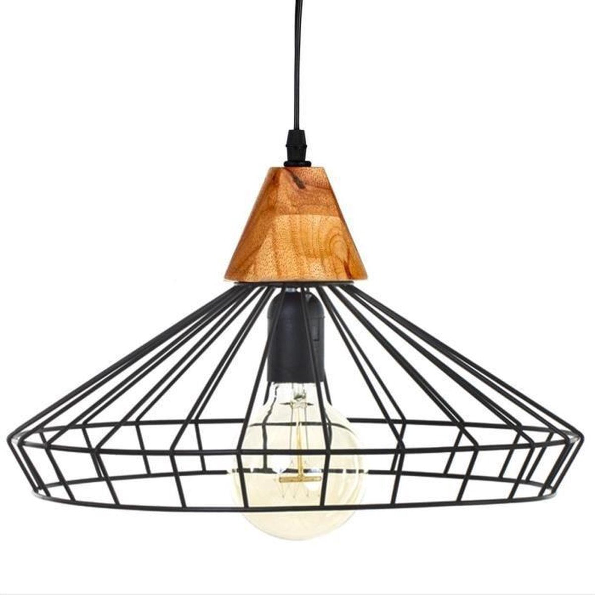 Industriële hanglamp metaal en hout, zwart, 38 x 22,5 cm