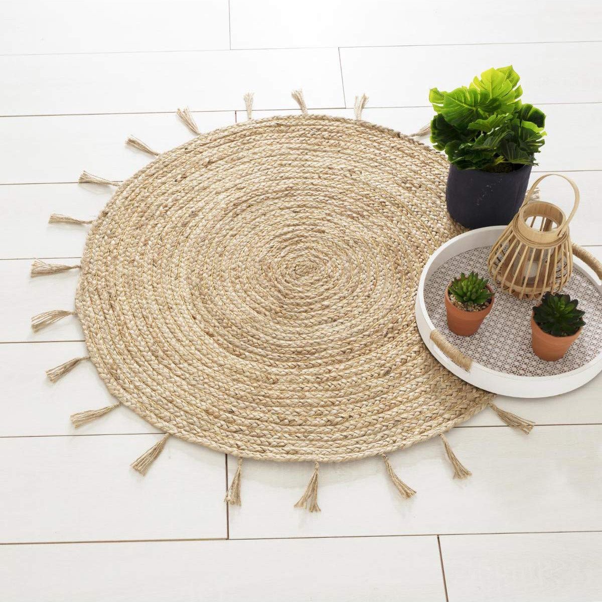 Rond jute vloerkleed met franjes, naturel/goud, Ø 80 cm (2)