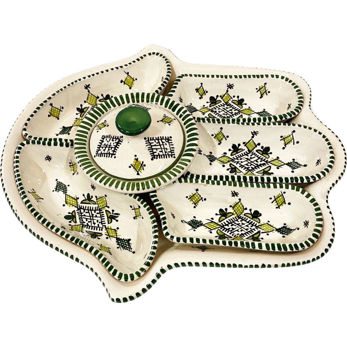 Khamsa dipping- en serveerset van aardewerk, handgemaakt, 7-delig