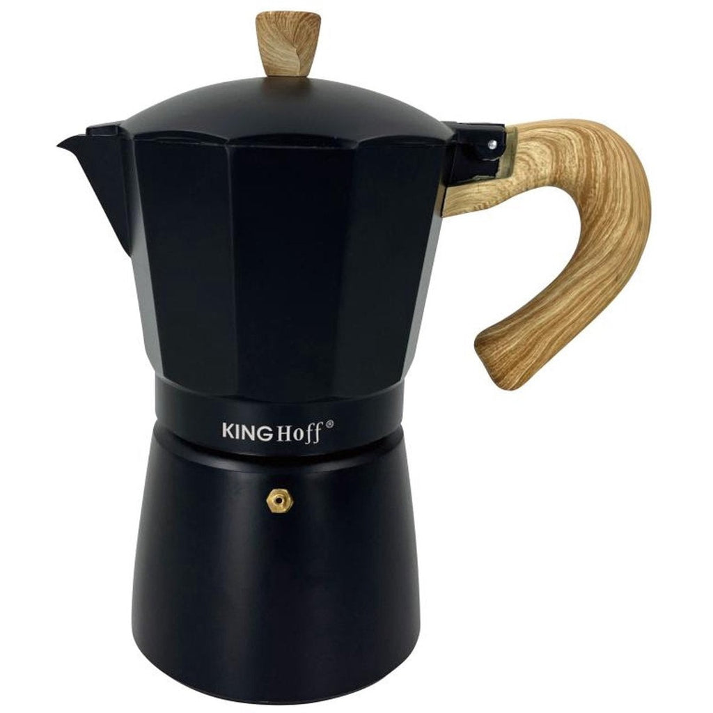 Kinghoff Aluminium Espressomaker KH-1886 – 6 Kopjes – Zwart Met Houten Handvat – Geschikt voor Inductie - 300ml - Percolator