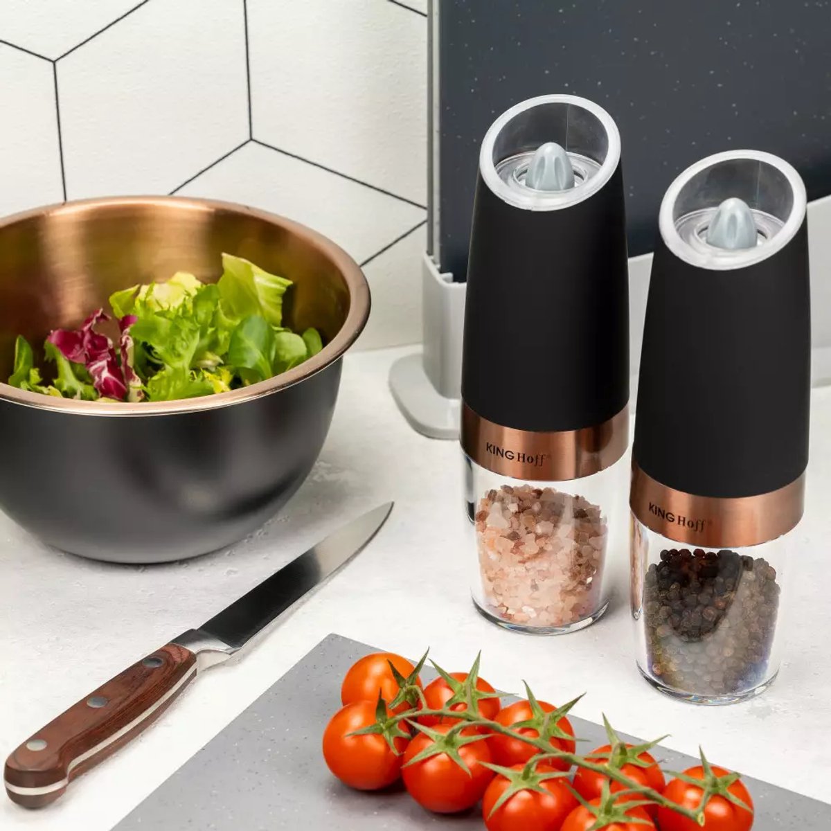 Kinghoff elektrische peper- en zoutmolens, mat zwart, set van 2