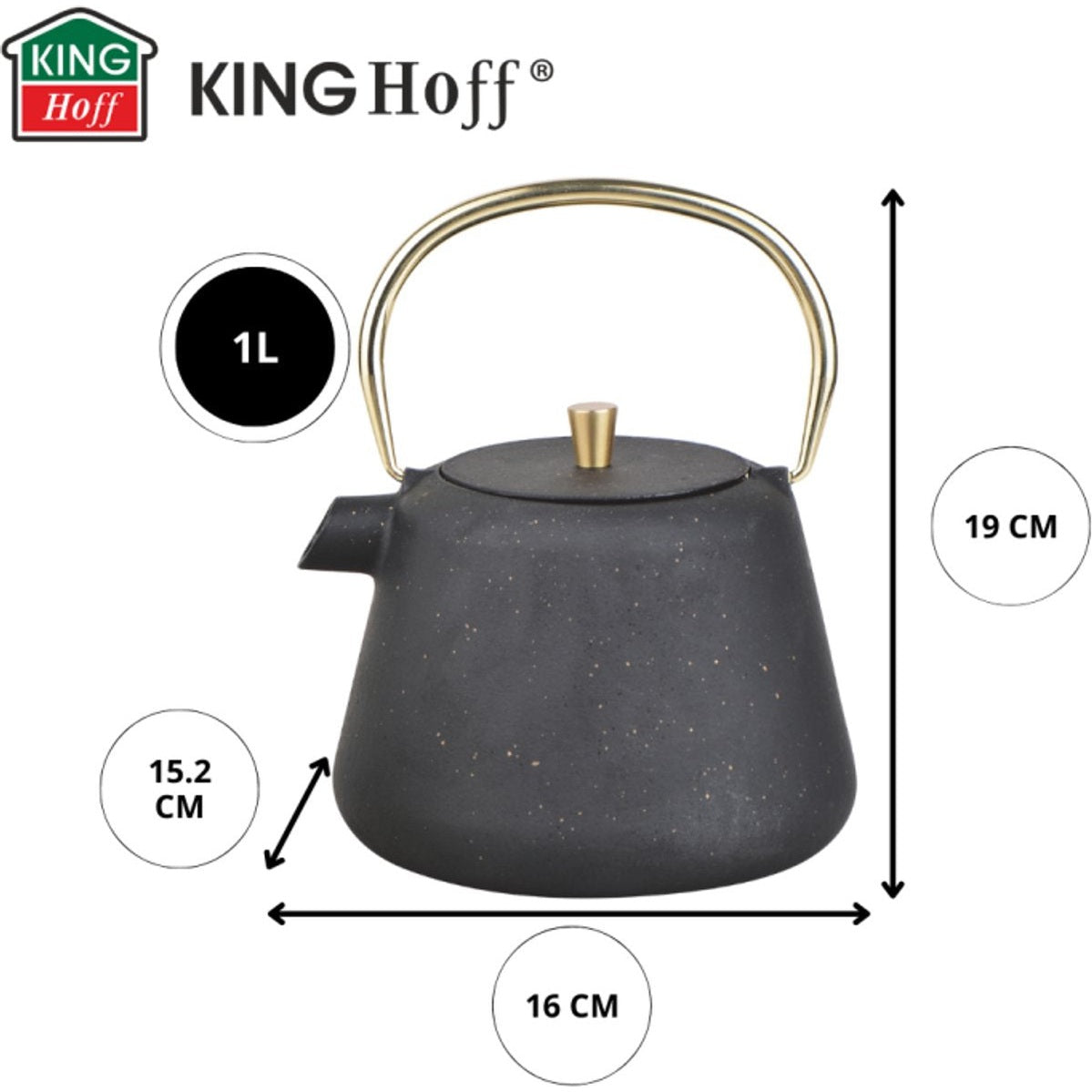Kinghoff gietijzeren theepot met zeef, 1 L, zwart met goud (6)