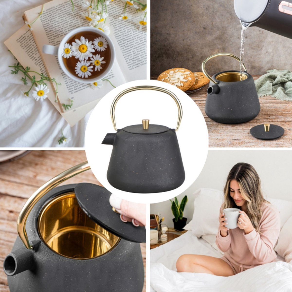 Kinghoff gietijzeren theepot met zeef, 1 L, zwart met goud (5)