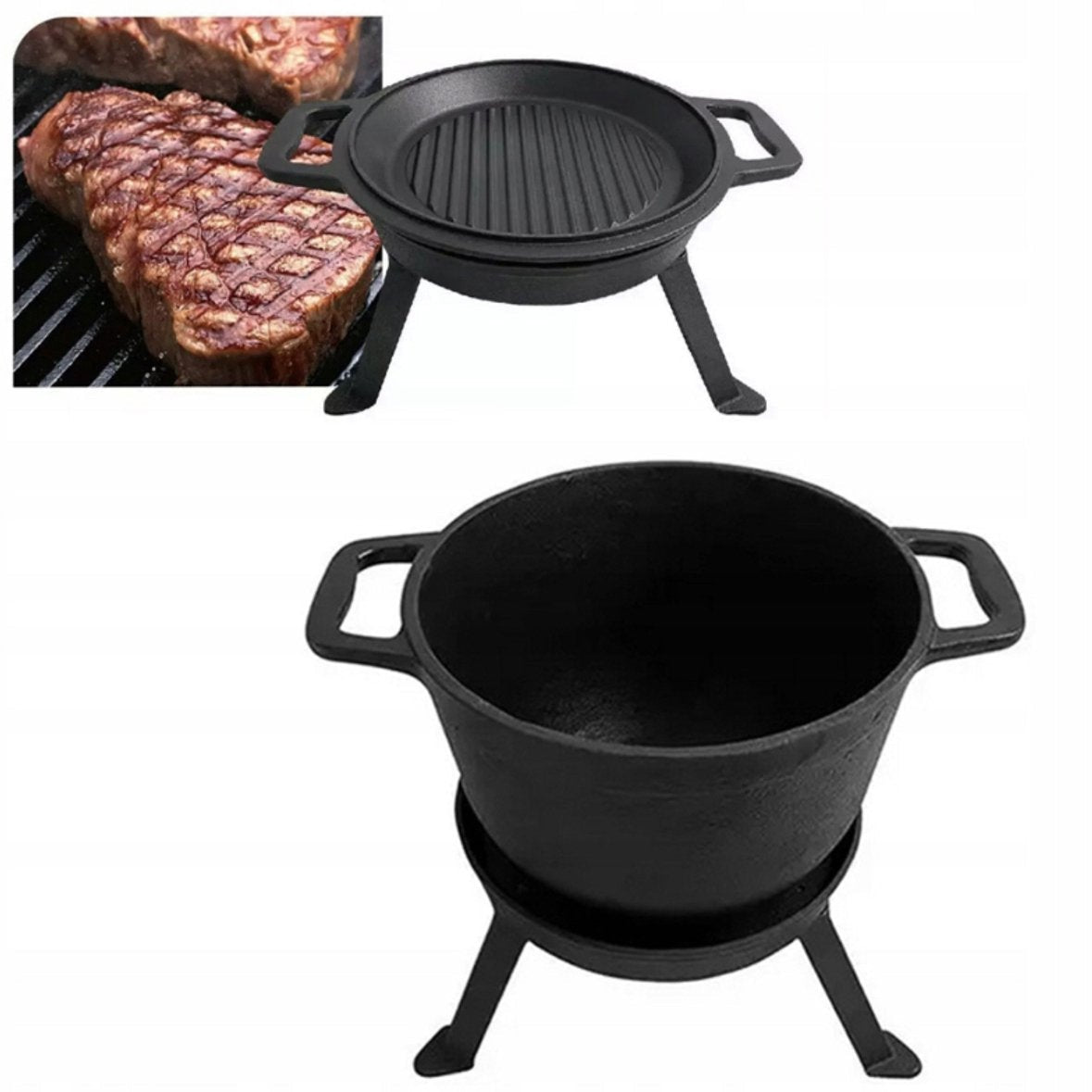 Kinghoff gietijzeren campingpanset 3-in-1, 8 L, met grilldeksel