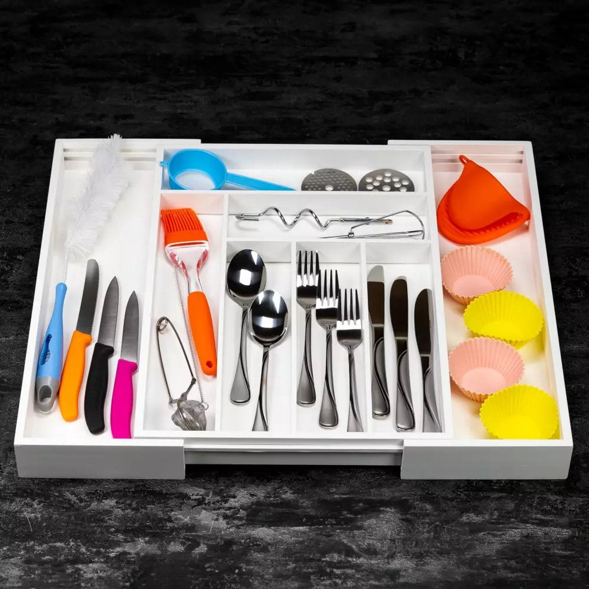 Kinghoff KH1748 uitschuifbare bamboe besteklade-organizer, wit (4)
