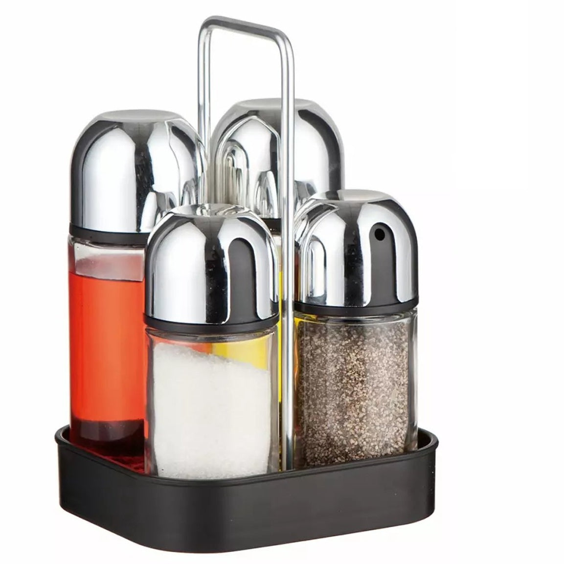 Kinghoff Kruidenstel - 5 Delig, Glas en RVS - Met Druppelvrije Dispensers en Stijlvol Plateau - Zout/Peperset - Kruidenrek