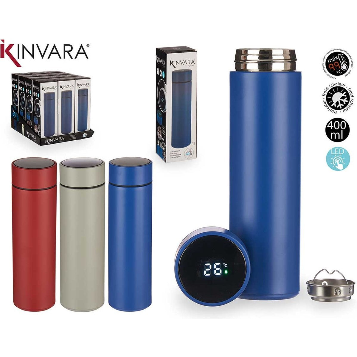 Kinvara thermosfles met LED-display, blauw, rvs, 400 ml
