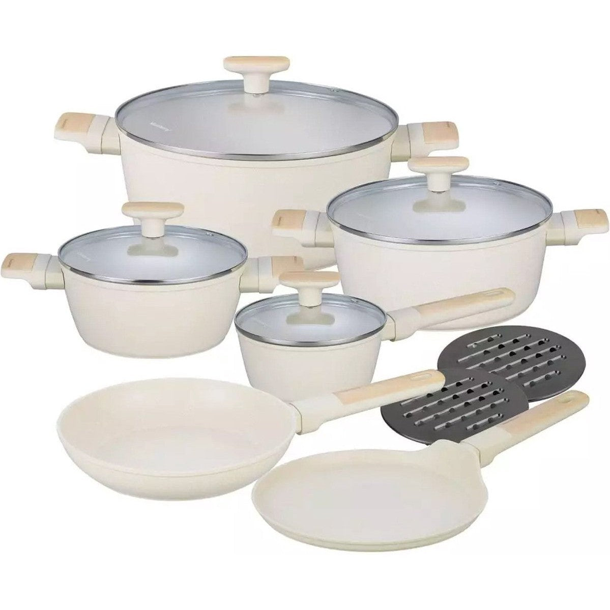 Klausberg marmeren pannenset 12-delig, beige, met glazen deksels