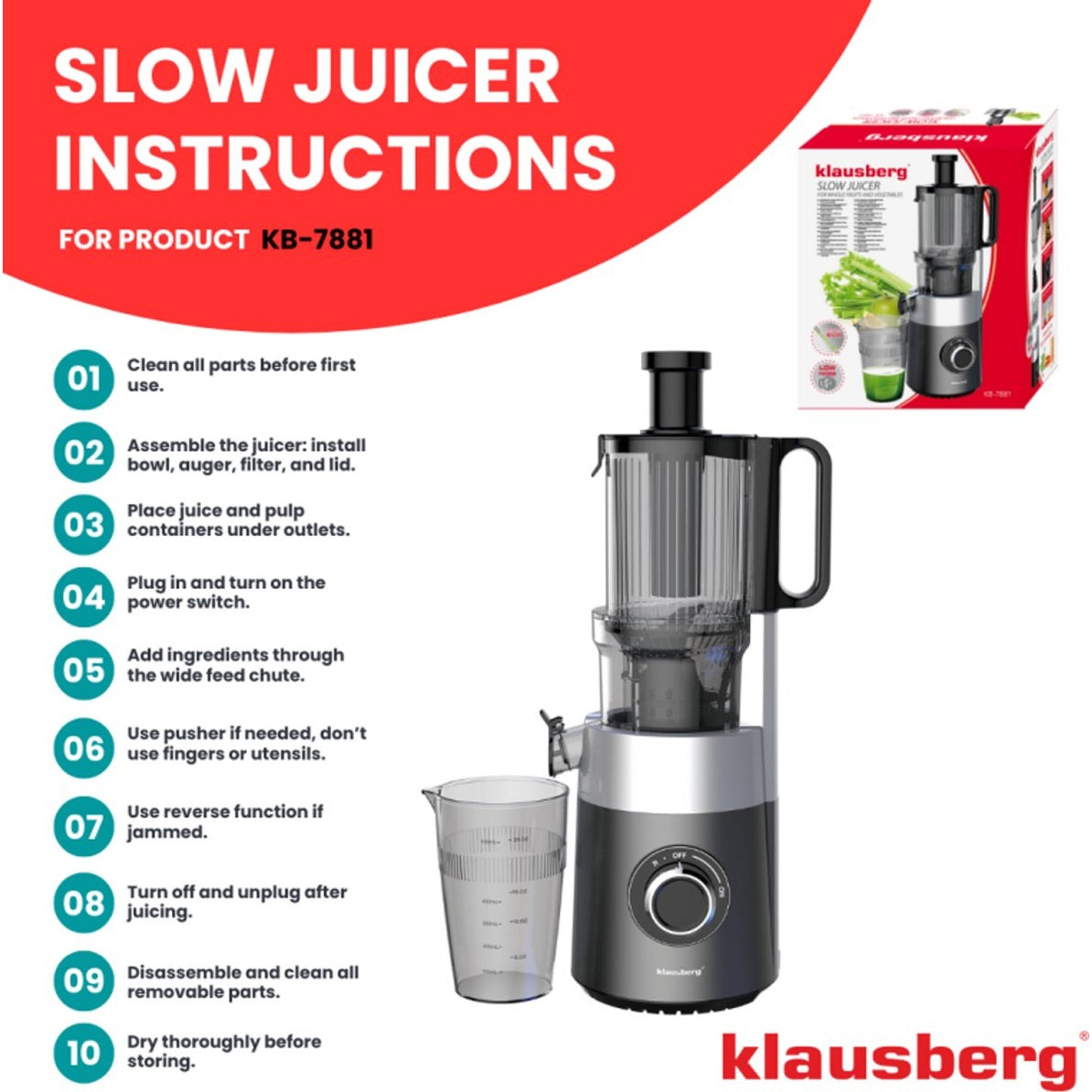 Klausberg KB-7881 slowjuicer met XXL-invoer 113 mm, RVS (12)