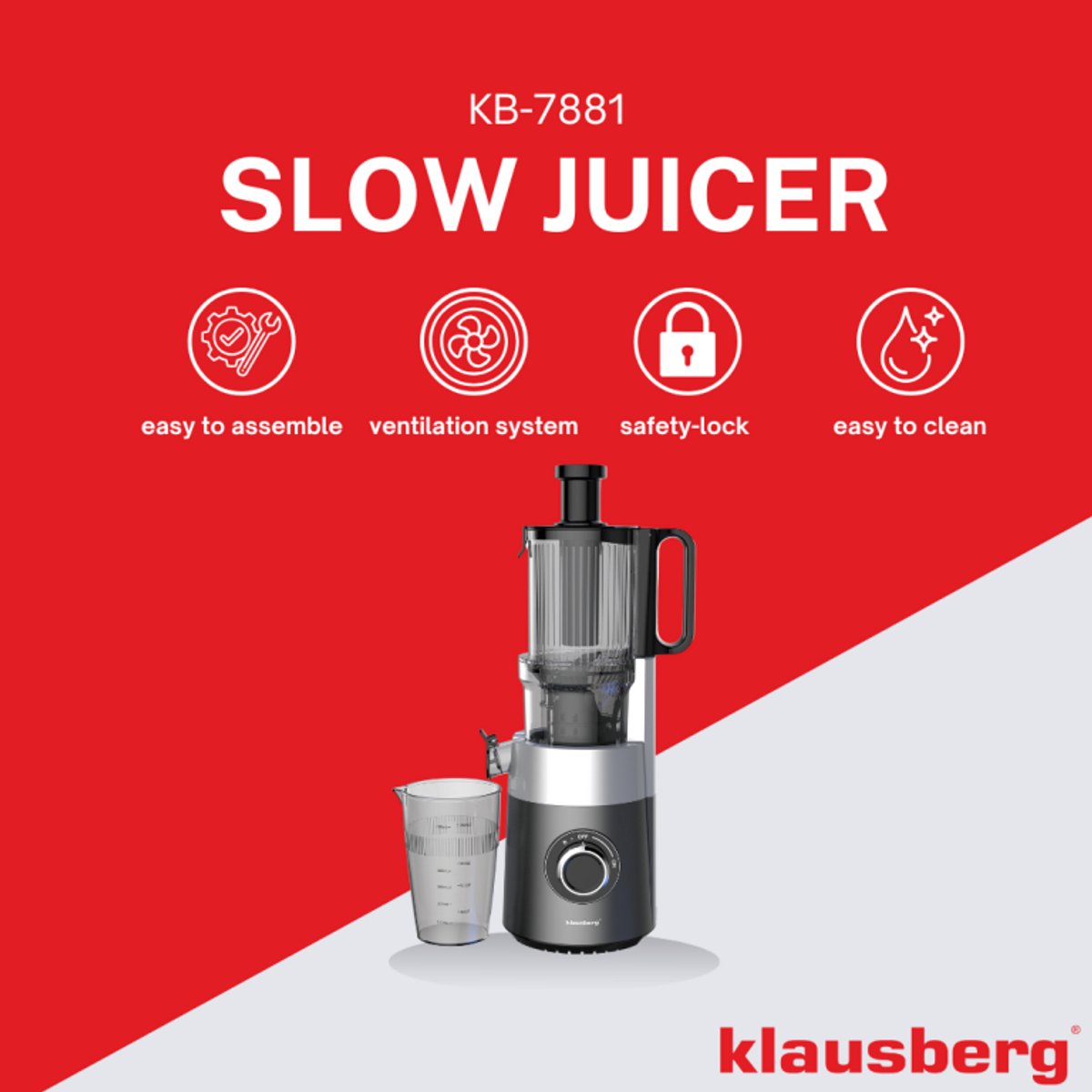 Klausberg KB-7881 slowjuicer met XXL-invoer 113 mm, RVS (2)