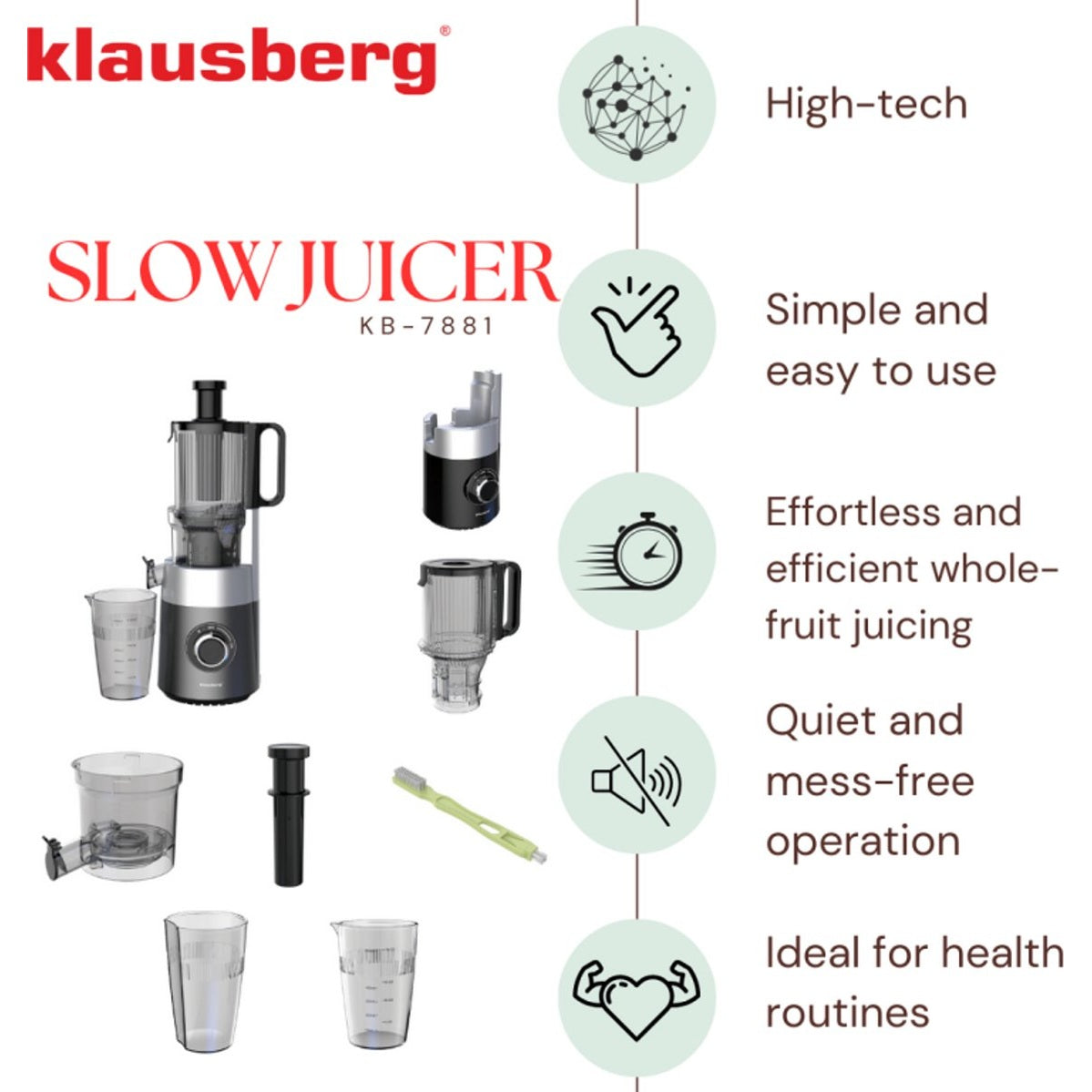Klausberg KB-7881 slowjuicer met XXL-invoer 113 mm, RVS (4)