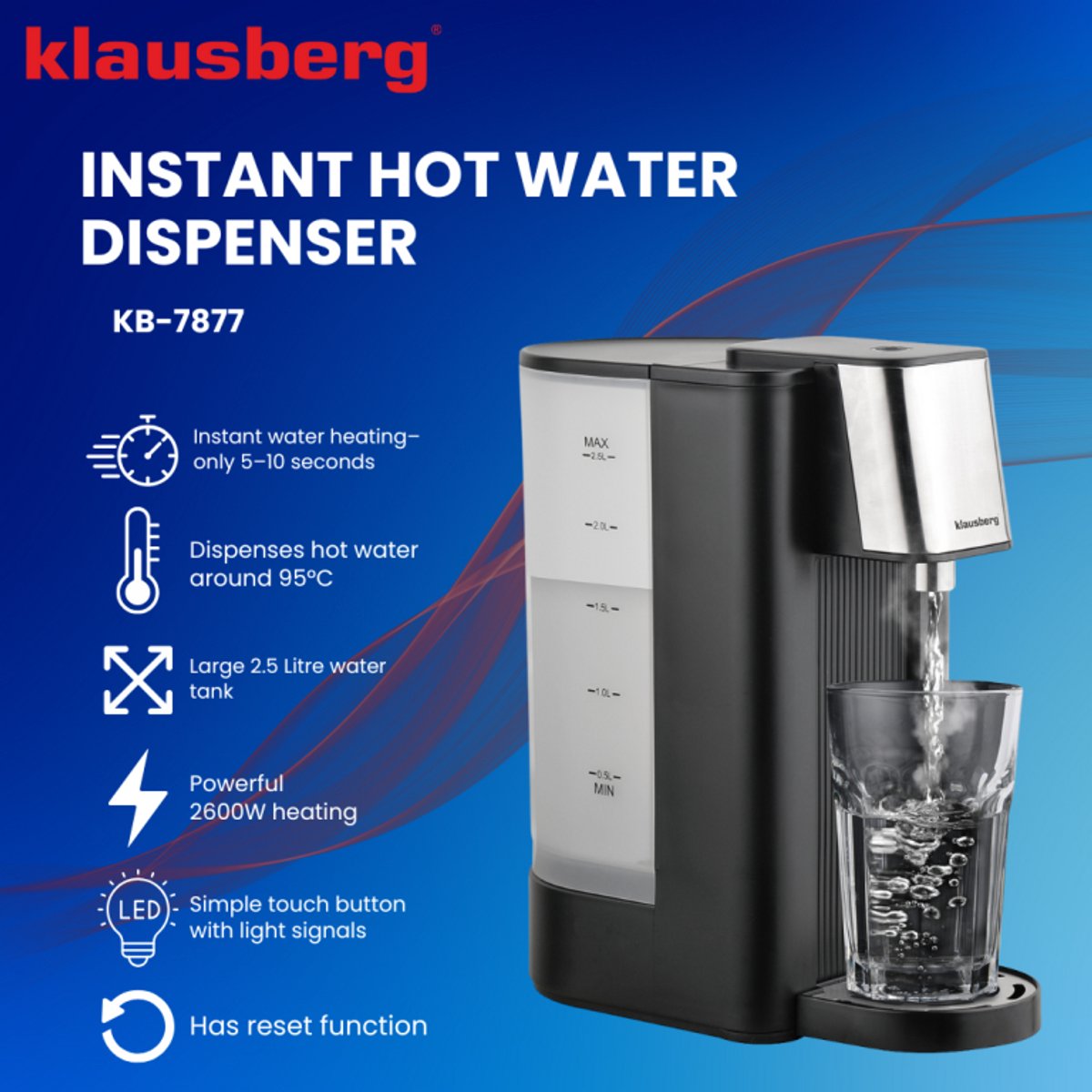 Klausberg KB7877 heetwaterdispenser 2,5 L, zwart en rvs, 2600 W (3)