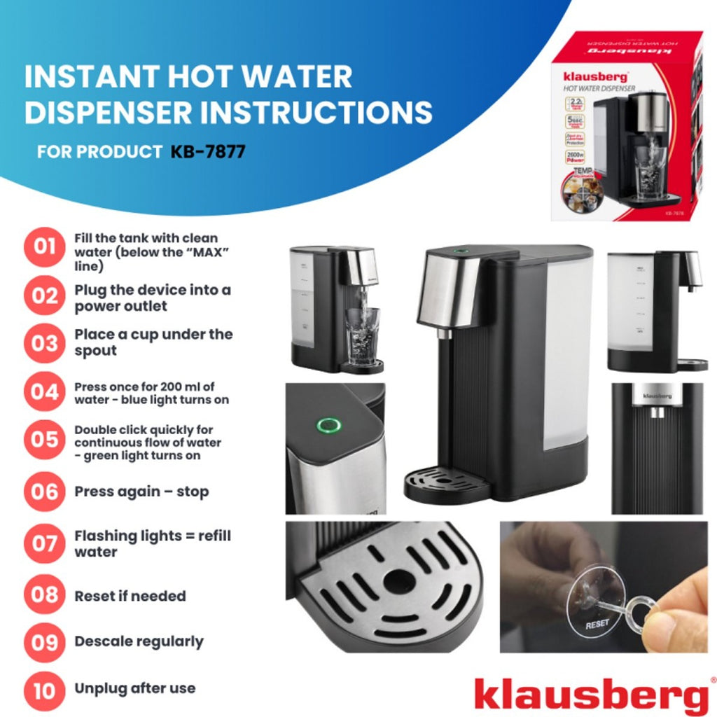 Klausberg KB7877 heetwaterdispenser 2,5 L, zwart en rvs, 2600 W (6)
