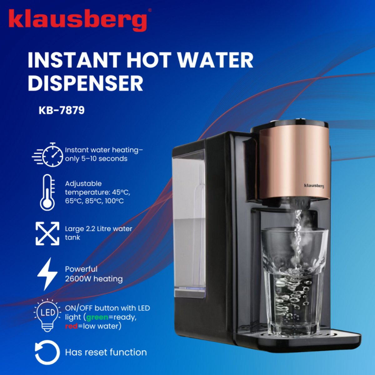 Klausberg KB7879 heetwaterdispenser 2,2 L, zwart en rosé goud (6)