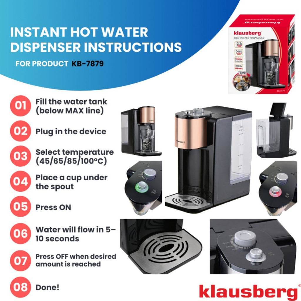 Klausberg KB7879 heetwaterdispenser 2,2 L, zwart en rosé goud (7)