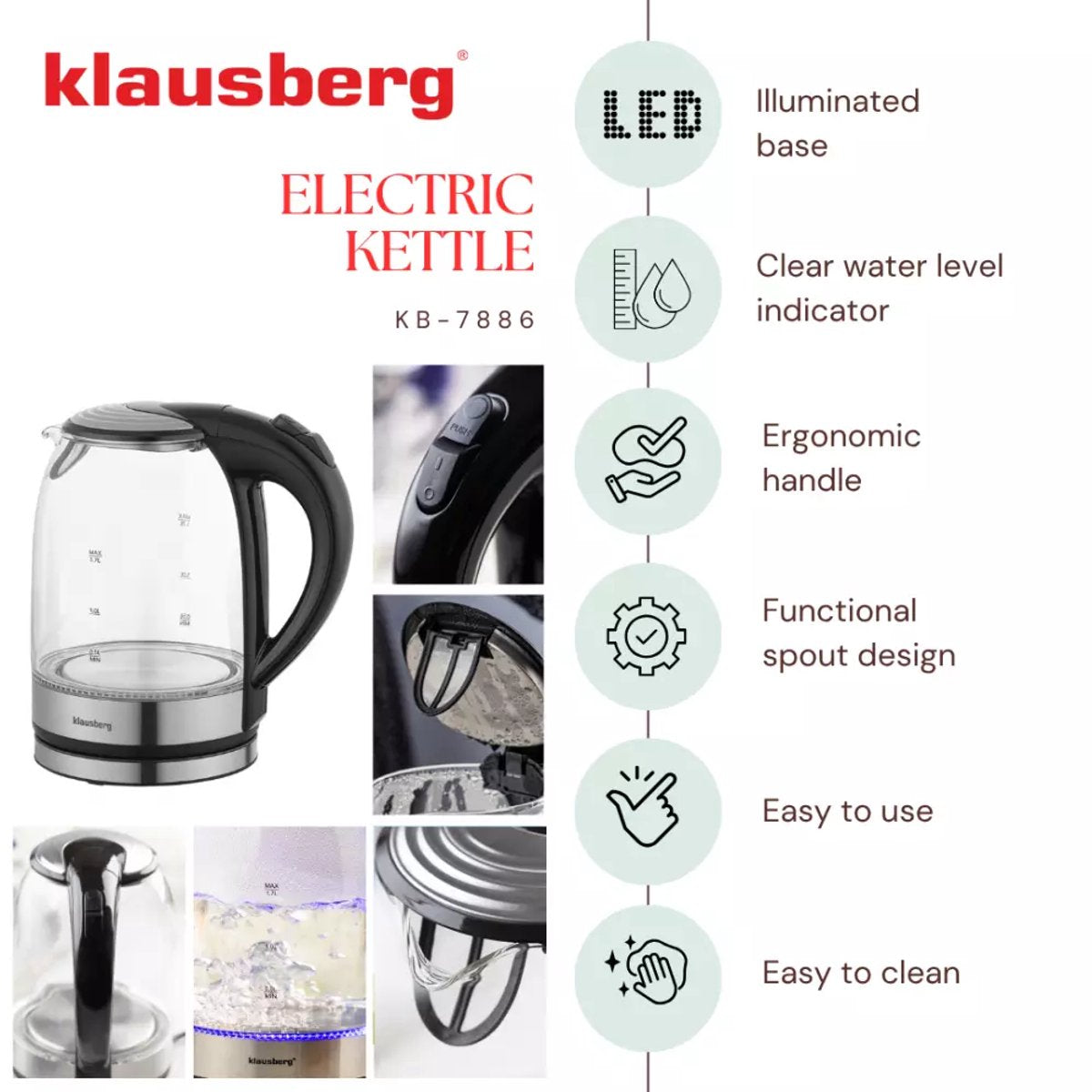 Klausberg KB7886 elektrische waterkoker 1,7 L, glas en rvs, led (2)