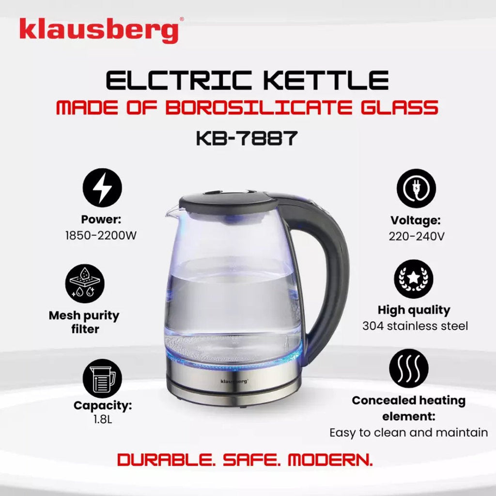 Klausberg KB7887 elektrische waterkoker 1,8 L, glas, RGB-led (10)