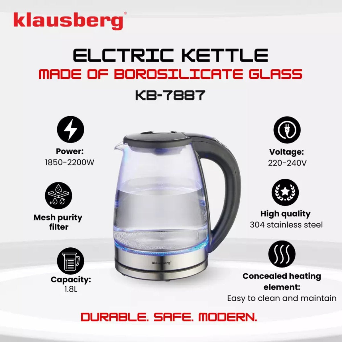 Klausberg KB7887 elektrische waterkoker 1,8 L, glas, RGB-led (10)
